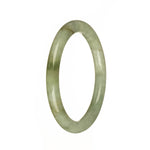 A delicate and elegant jadeite jade bracelet featuring Grade A pale green stones with apple green and brown patches. The bracelet has a petite round shape, measuring 55mm in diameter. Created by MAYS, this bracelet showcases the natural beauty of jadeite jade.