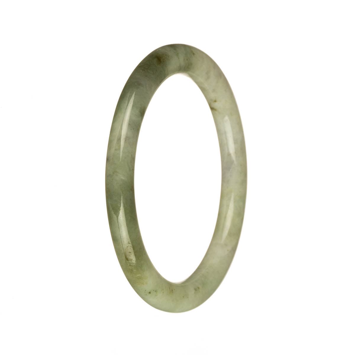 A small round jade bangle in light grey and pale green colors, featuring intricate olive green patterns. Certified Grade A quality. Perfect for those with petite wrists, measuring 55mm in size. Created by MAYS.