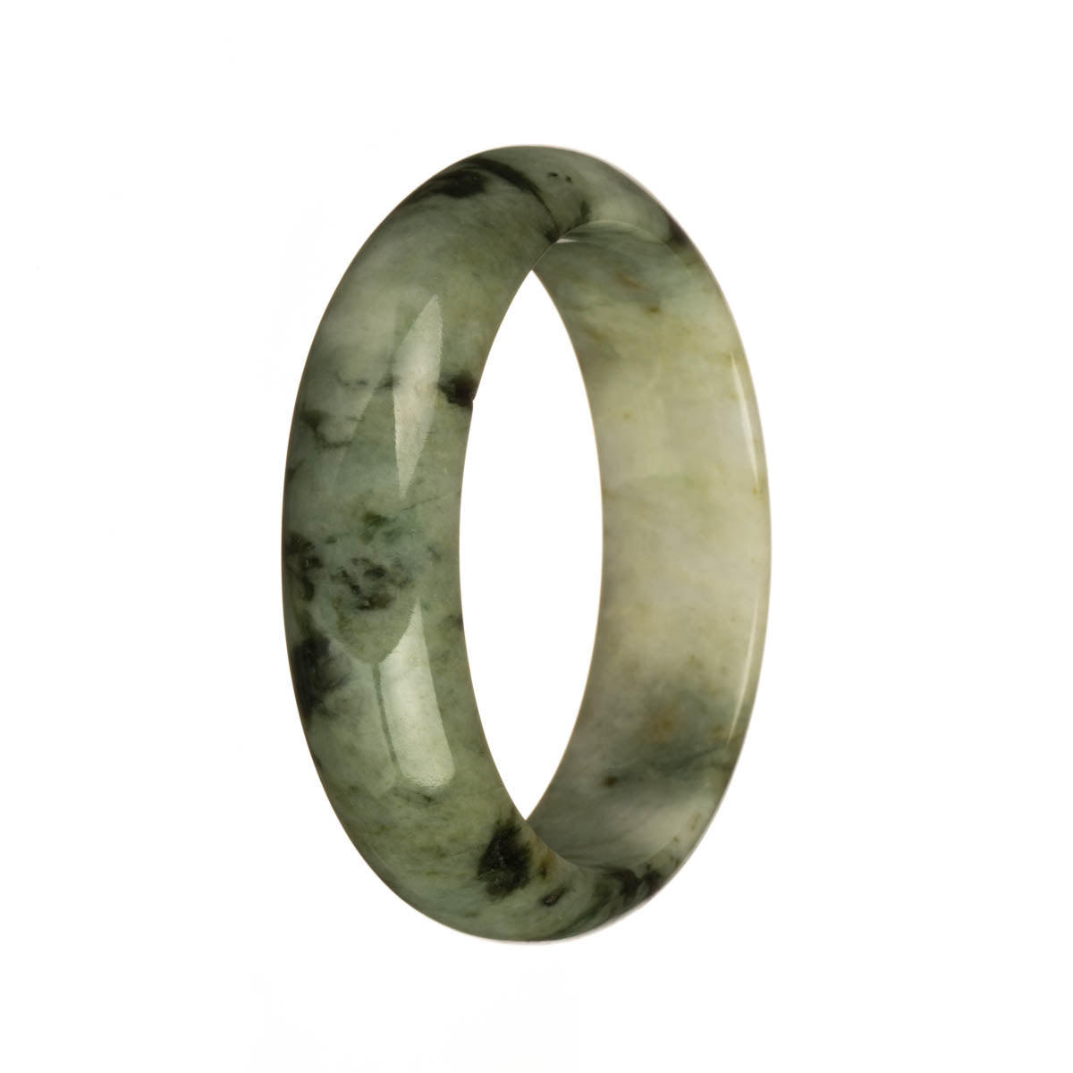 Genuine Natural White with Olive Green Patterns Burmese Jade Bracelet - 55mm Half Moon