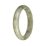 A beautiful light grey Burmese jade bangle with intricate grey and brown patterns, measuring 59mm in a half-moon shape. A stunning piece from MAYS GEMS.