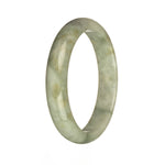 A close-up photo of an elegant jade bangle bracelet. The bracelet is made of authentic Grade A light grey Burmese jade, featuring intricate grey and brown patterns. The bracelet has a unique half-moon shape, measuring 59mm in diameter. Crafted by MAYS™, this bracelet is a stunning piece of jewelry.