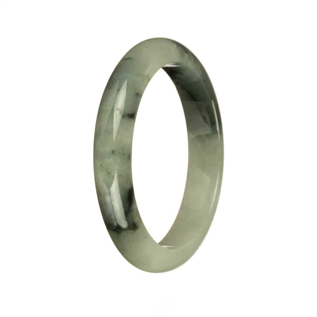 A half moon shaped Burmese jade bangle bracelet with authentic Type A pale green and deep green colors, featuring dark green patterns.