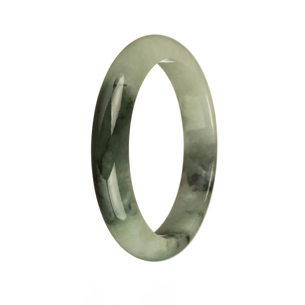 A stunning half moon-shaped jadeite bangle bracelet with authentic Grade A pale green and deep green shades, adorned with intricate dark green patterns. Exquisite craftsmanship by MAYS™.