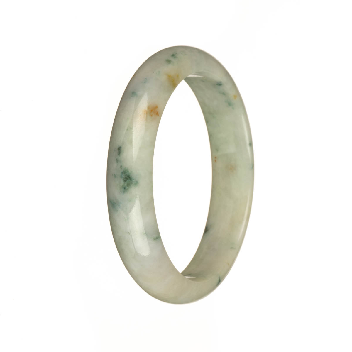 A close-up image of a beautiful white jade bracelet with green and red patterns, in a half-moon shape. This bracelet is certified Grade A and is 55mm in size. It is a stunning piece of jewelry from the MAYS™ collection.