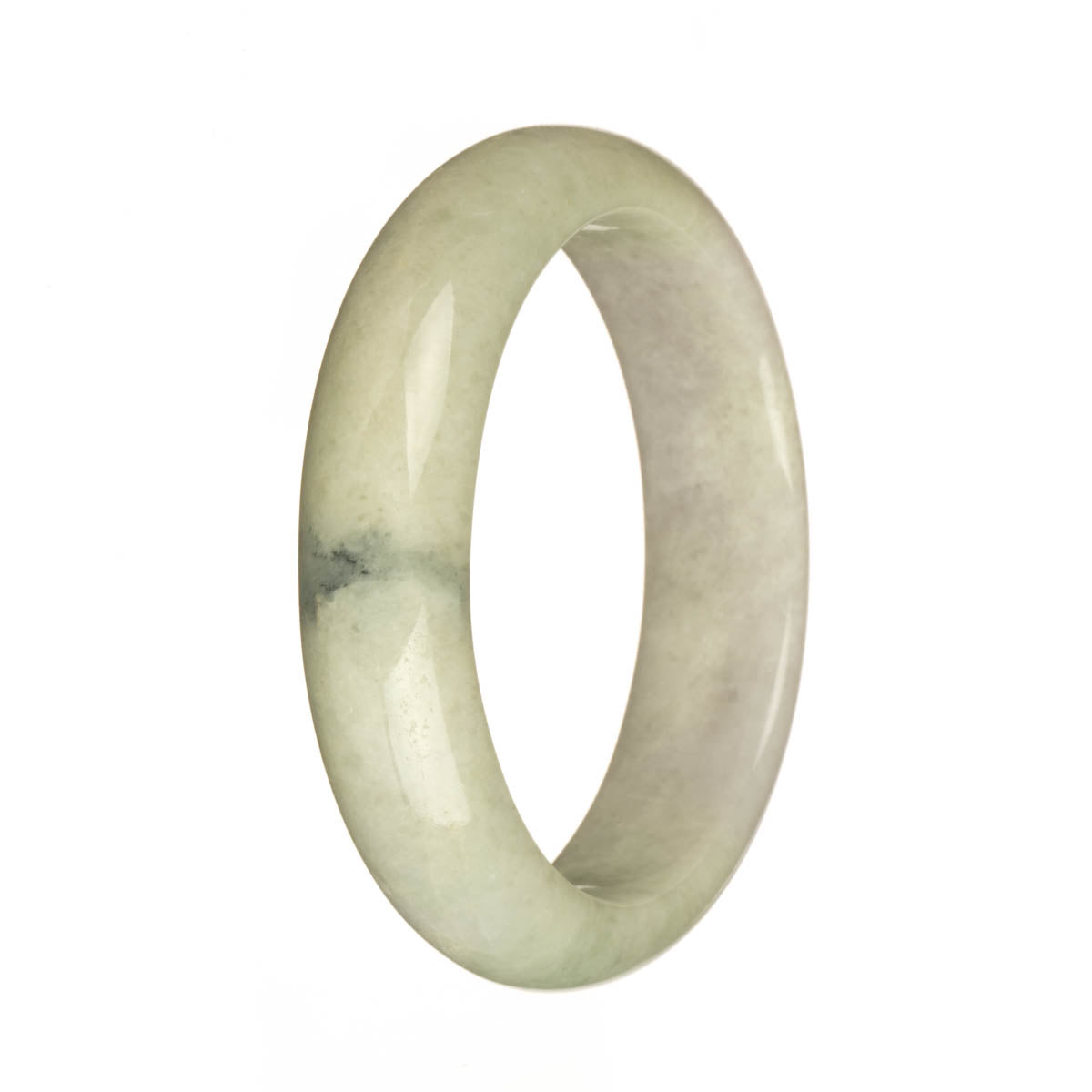 A half moon-shaped traditional jade bangle in pale green and pale lavender with a deep green patch.