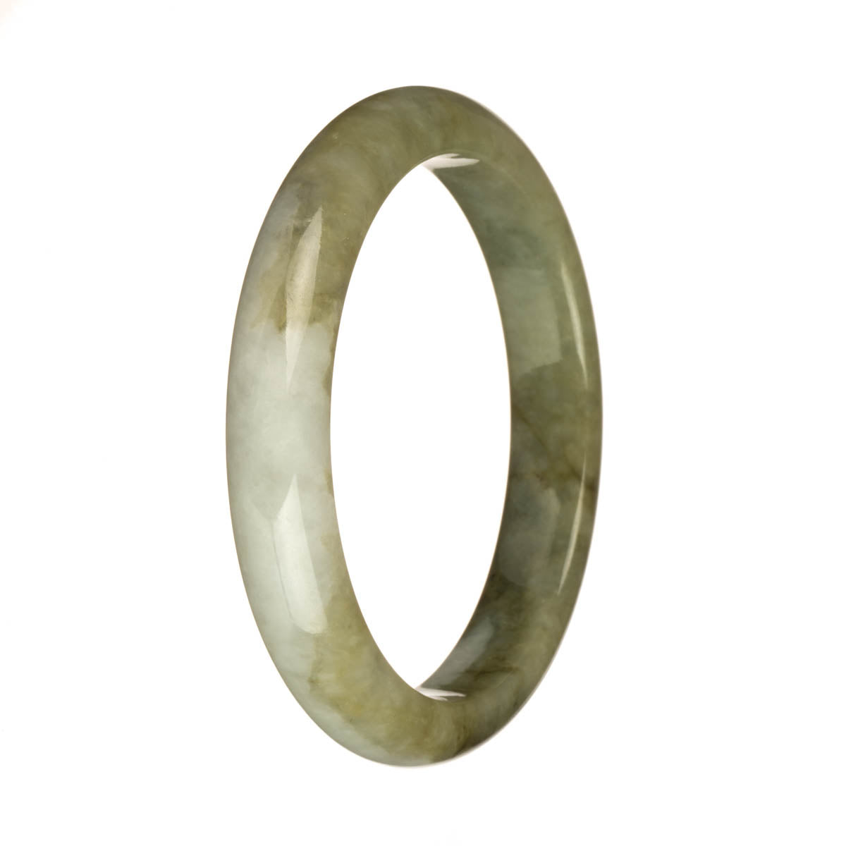 An olive green and greyish white traditional jade bangle bracelet with a 60mm half moon shape.