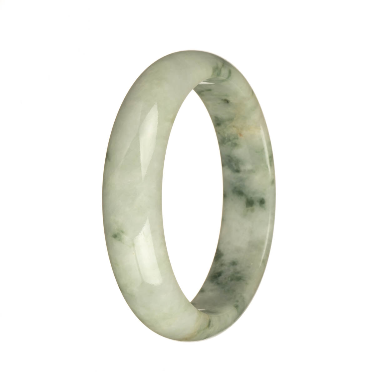 A close-up image of a traditional jade bracelet with a half moon shape. The bracelet features authentic Grade A white jade with intricate green patterns and red spots.