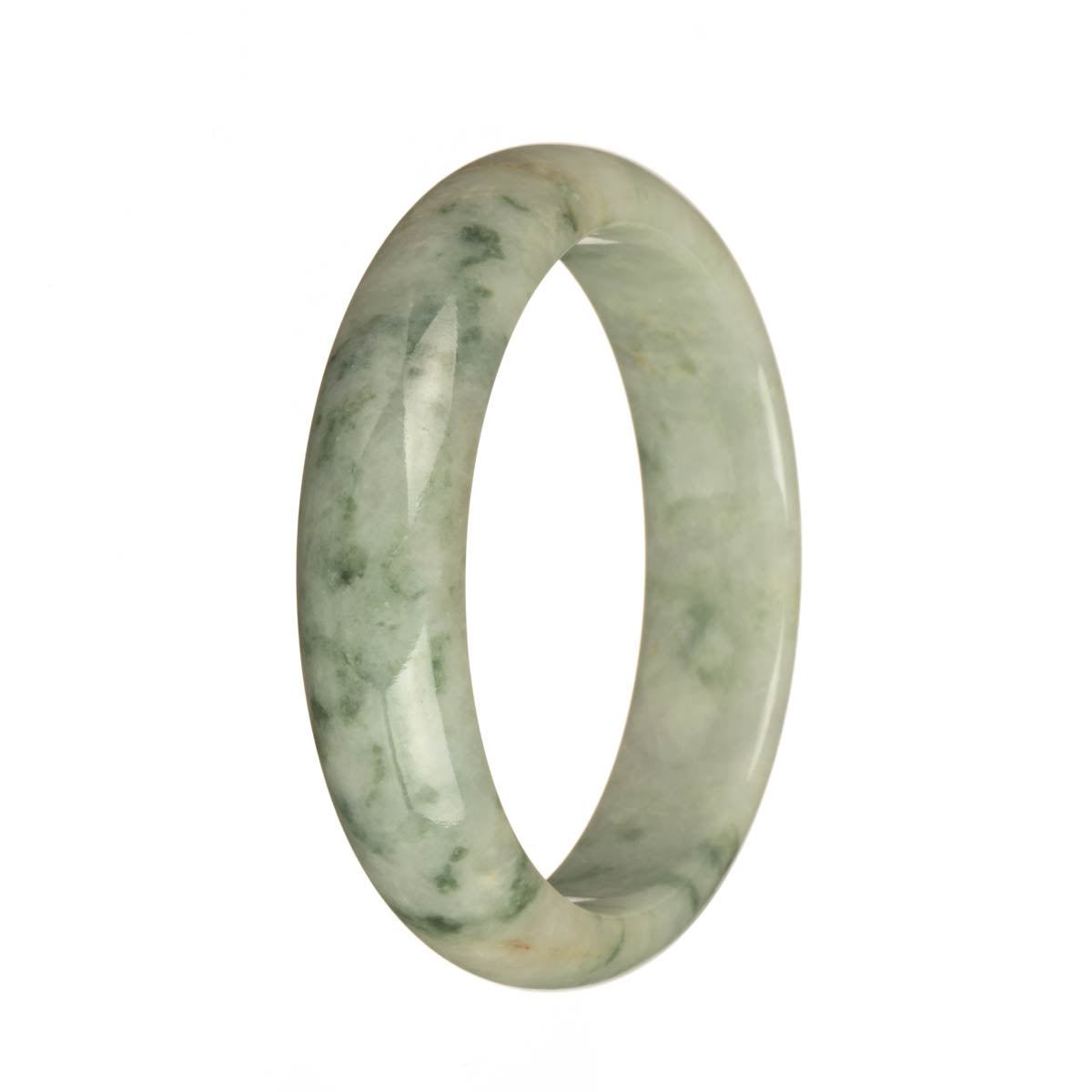 A half moon-shaped Burma Jade bracelet with a real natural white color, adorned with green patterns and red spots. Handcrafted by MAYS GEMS.