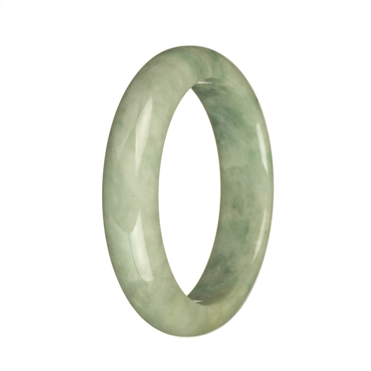 A beautiful jadeite bangle with a unique combination of light green, apple green, and deep green patterns, resembling a half moon shape.