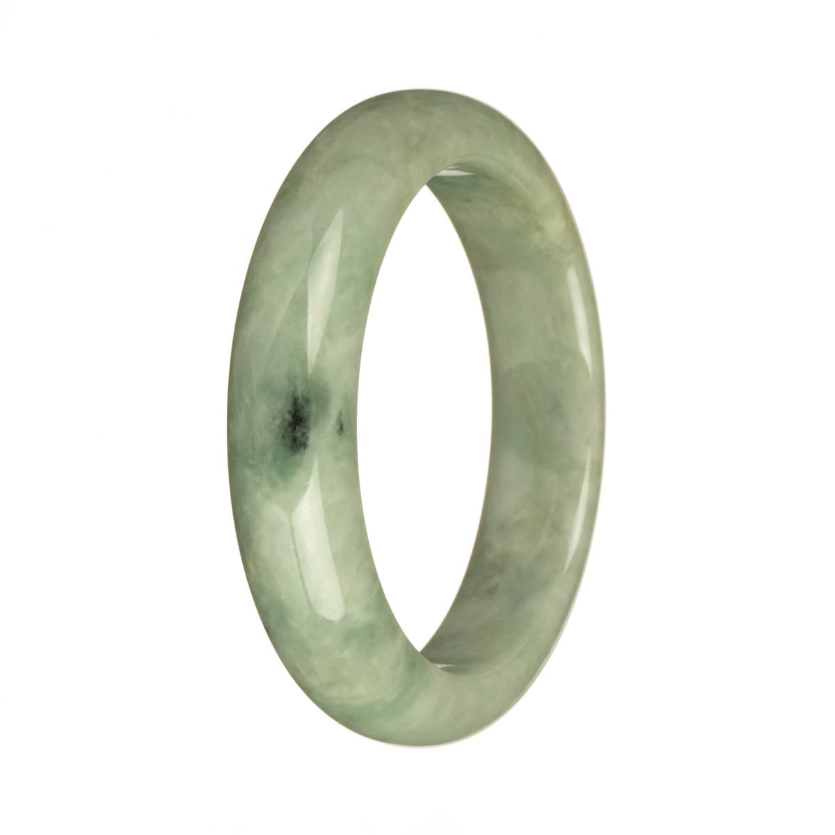 A stunning traditional jade bracelet with a Real Grade A Light Green color. The bracelet features beautiful Apple Green and Deep Green patterns. It is in a Half Moon shape and measures 57mm. A perfect accessory to add elegance to any outfit.