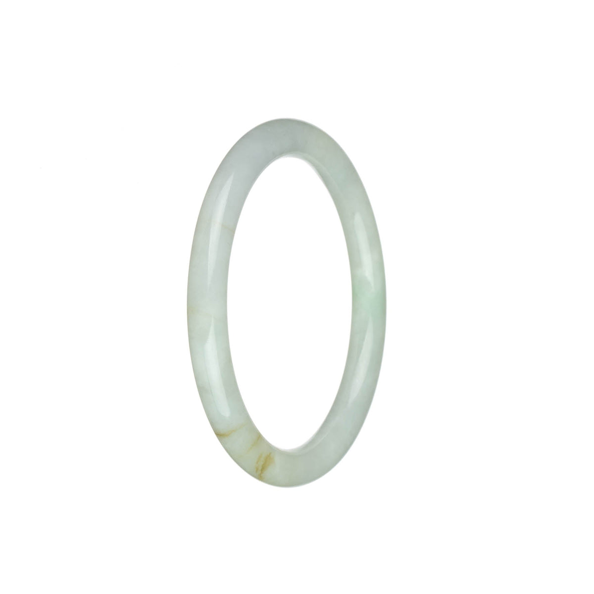 A close-up image of a small, round white Burmese jade bracelet with a smooth, polished surface. The bracelet is made from grade A jade and measures 57mm in diameter. It is an authentic piece from MAYS GEMS.