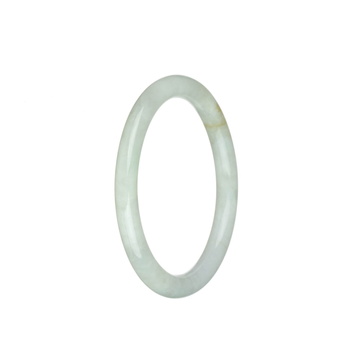 A close-up photo of a delicate, round white jade bracelet with a 57mm diameter. It has a smooth and polished surface, showcasing its authentic Grade A quality. The bracelet is crafted from genuine white jadeite jade, known for its elegance and beauty. It is an exquisite piece of jewelry designed by MAYS™.