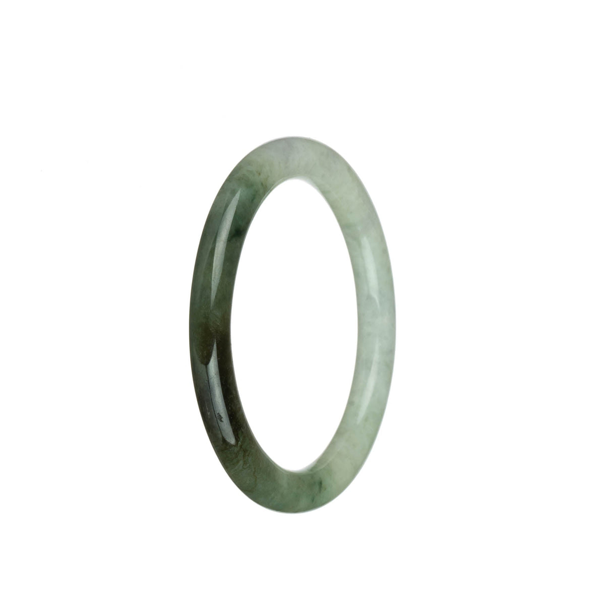 A small round traditional jade bangle with a certified grade A green and pale green color, featuring a unique brown patch. Perfect for a petite wrist, measuring 55mm. Made by MAYS™.