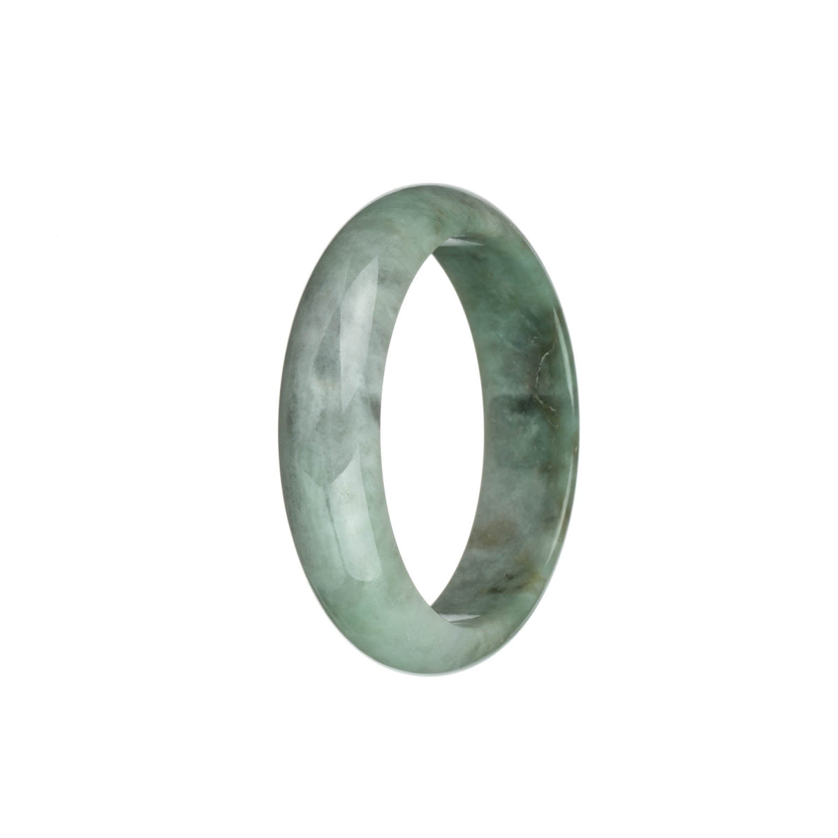 A close-up photo of a traditional jade bangle with a mix of green and light grey colors, featuring a unique brown patch. The bangle has a half-moon shape and measures 53mm in diameter. It is a genuine Type A jade piece and is sold by MAYS.