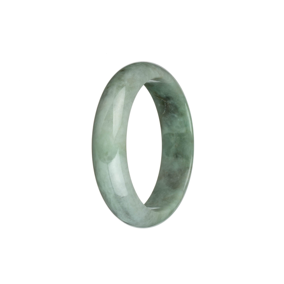A half-moon shaped jadeite jade bangle bracelet with green and light grey hues and a brown patch, measuring 53mm. Handcrafted by MAYS.