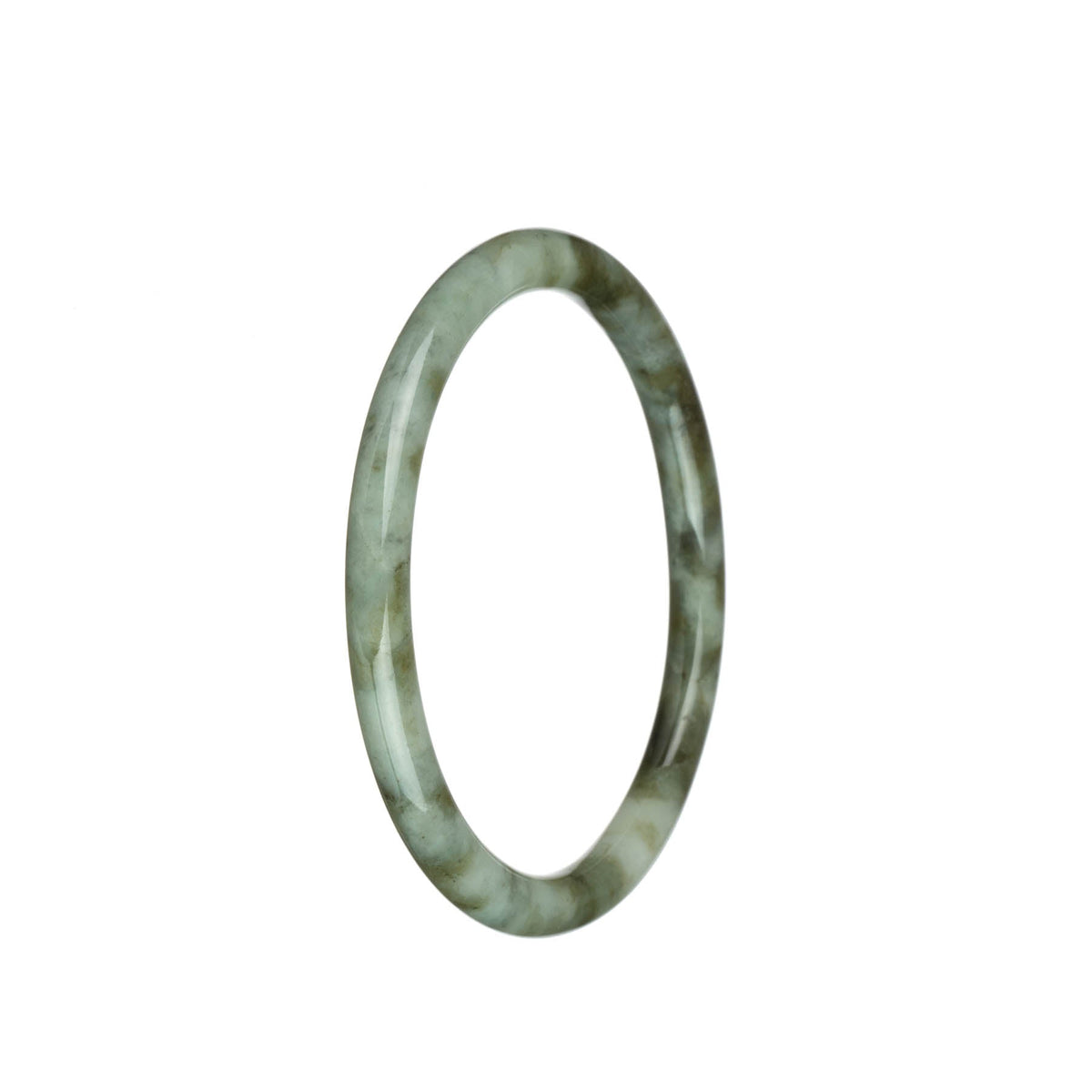 A petite round Burma Jade bracelet featuring natural white color with olive green patterns. Certified as a genuine and authentic piece. Designed by MAYS.