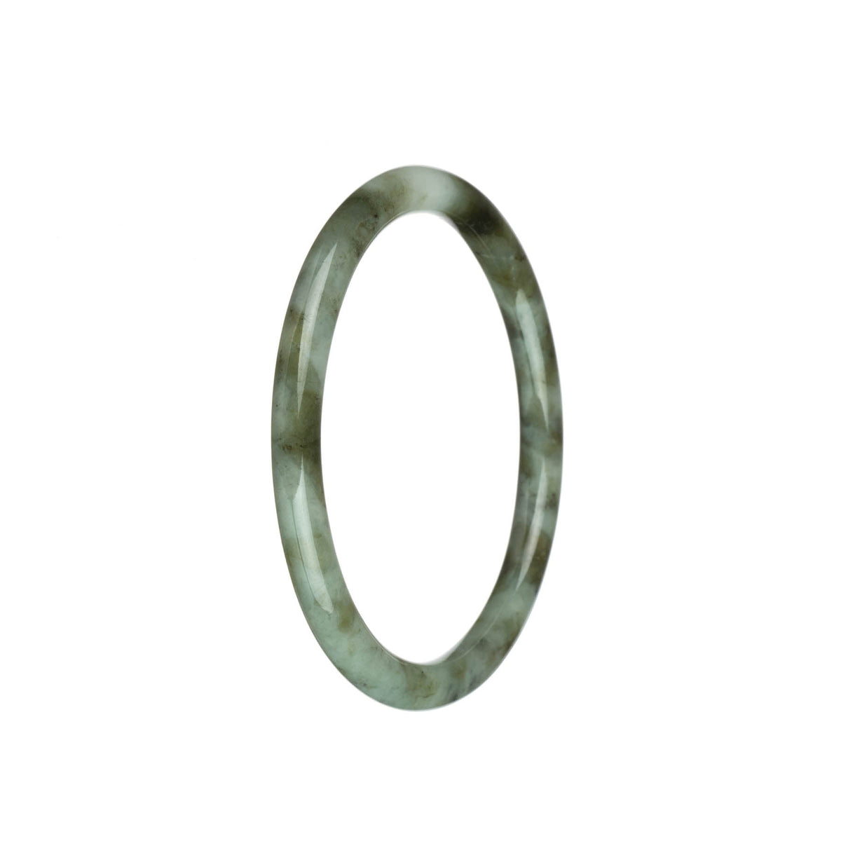 Certified Untreated White with Olive Green Patterns Traditional Jade Bangle - 62mm Petite Round