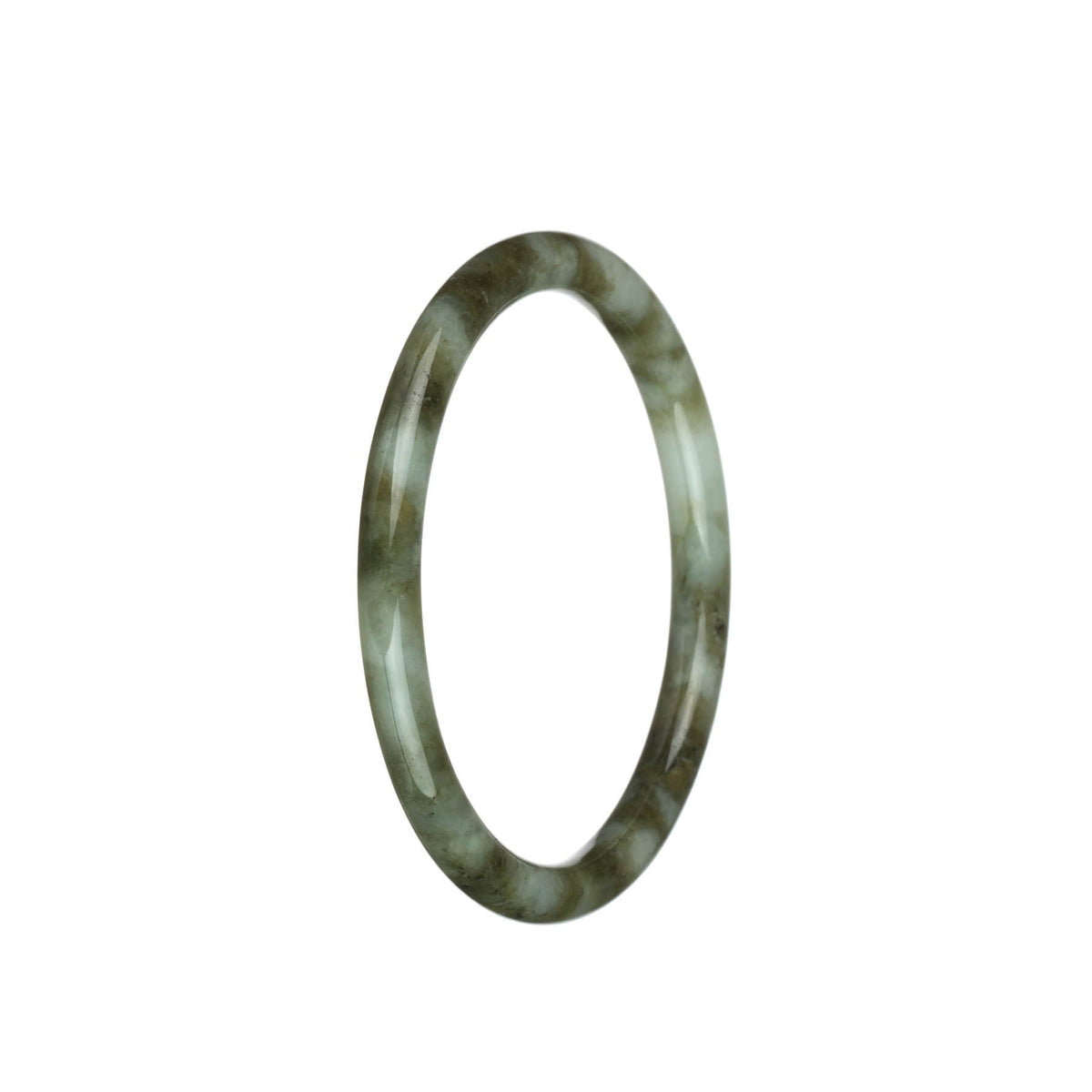 Genuine Untreated White with Olive Green and Brown Patters Jade Bangle - 60mm Petite Round