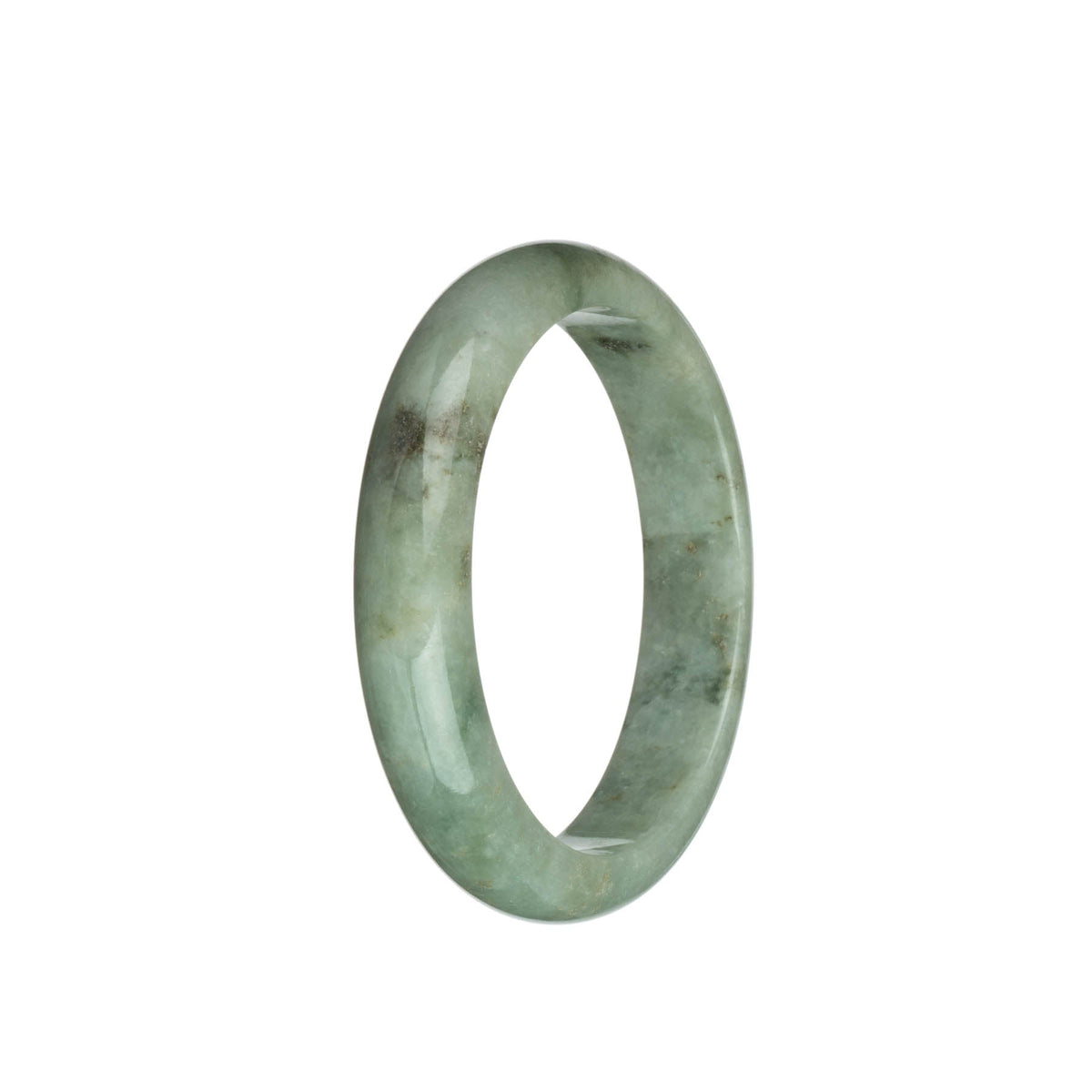 A beautiful jade bangle with a half moon shape, featuring genuine grade A green jadeite jade with brown and dark green specks - a stunning piece from MAYS GEMS.