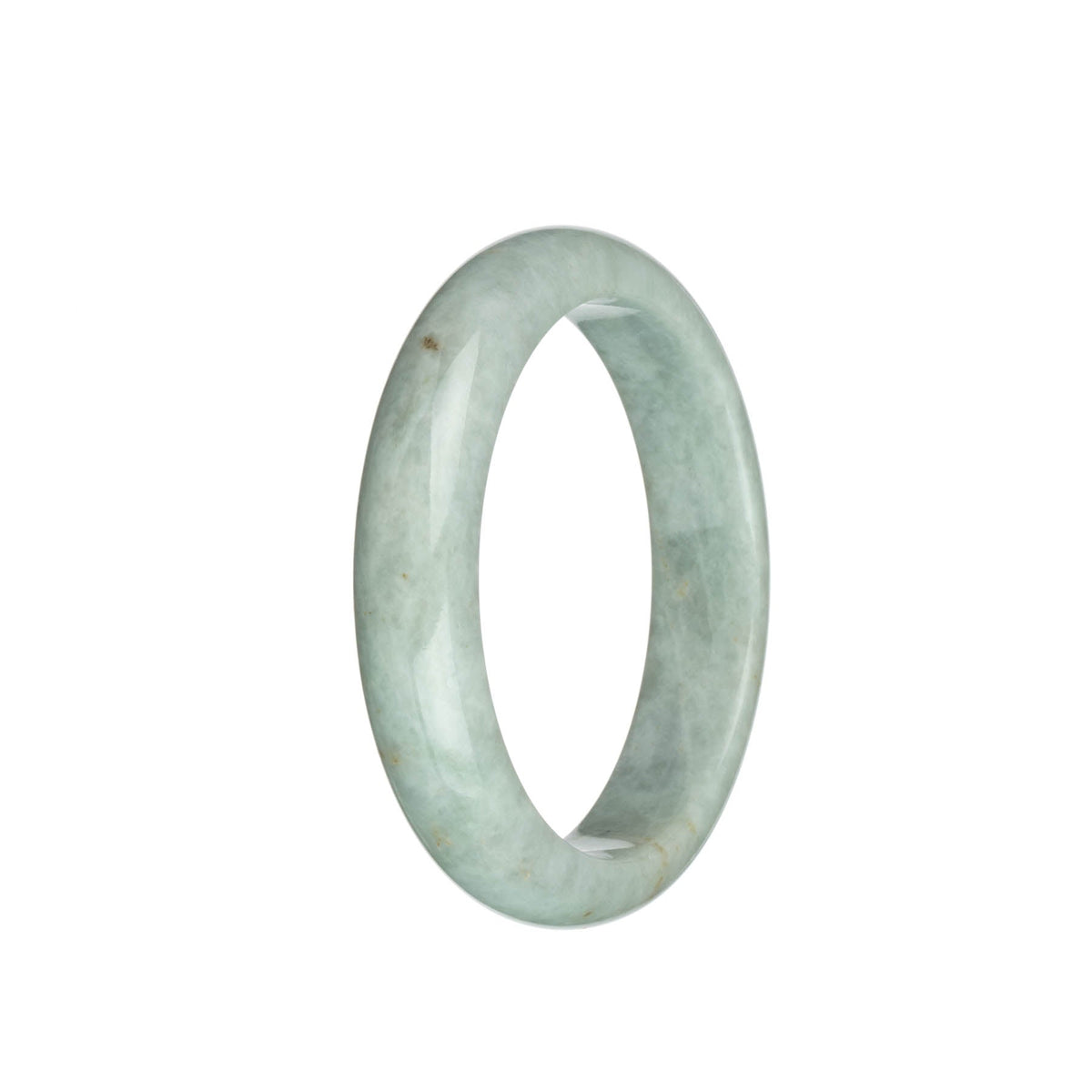 A close-up photo of a light grey jadeite bracelet with a half moon design. The bracelet is made of genuine, untreated jadeite and has a diameter of 59mm. The brand name "MAYS™" is also mentioned.