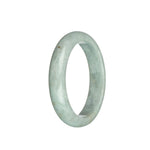 A close-up photo of a light grey jadeite bracelet with a half moon design. The bracelet is made of genuine, untreated jadeite and has a diameter of 59mm. The brand name "MAYS™" is also mentioned.