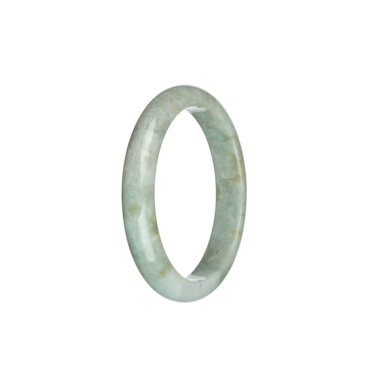 A beautiful light grey Burma Jade bracelet with pale green and brown spots, certified Grade A. The bracelet features a 54mm half moon design.