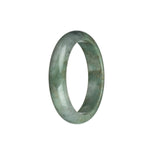 A close-up photo of a traditional jade bangle. It features a mix of green and grey colors with intricate brown patterns. The bangle is in a half-moon shape and has a diameter of 57mm. This piece is an authentic grade A jade bangle from the brand MAYS™.