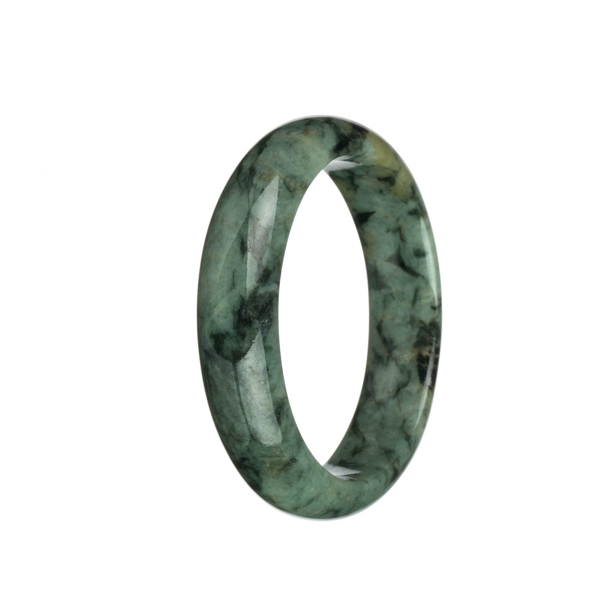 A beautiful green jadeite bracelet with dark green and light brown patterns, in a 60mm half moon shape. Perfect for adding a touch of elegance to any outfit. Made with genuine grade A jadeite.