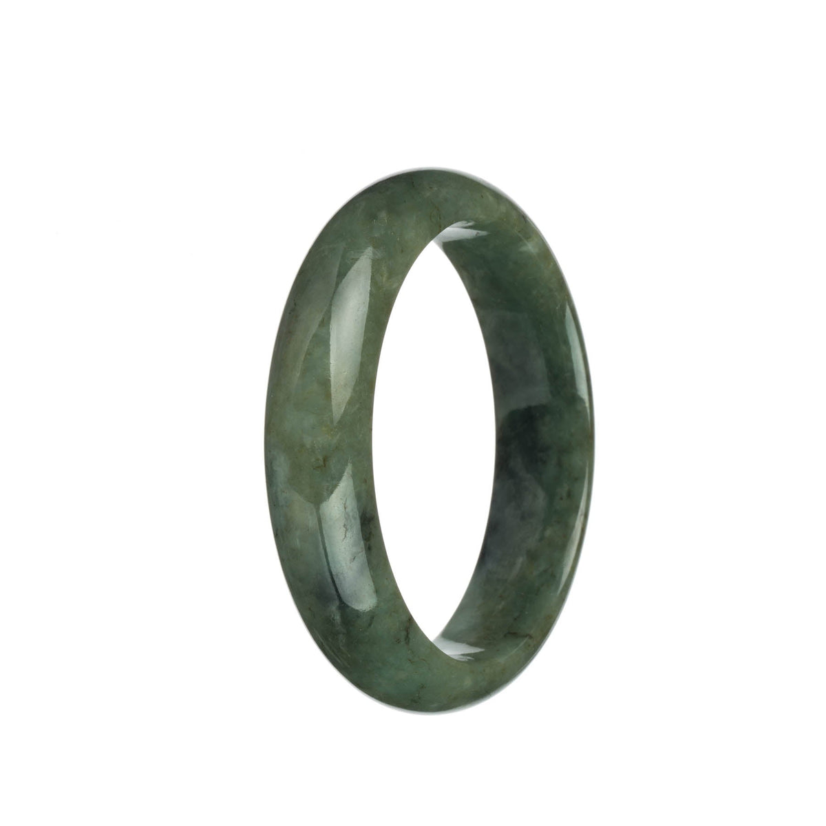 A half-moon shaped jadeite bangle bracelet with a certified natural green and light grey color, featuring elegant black patterns.