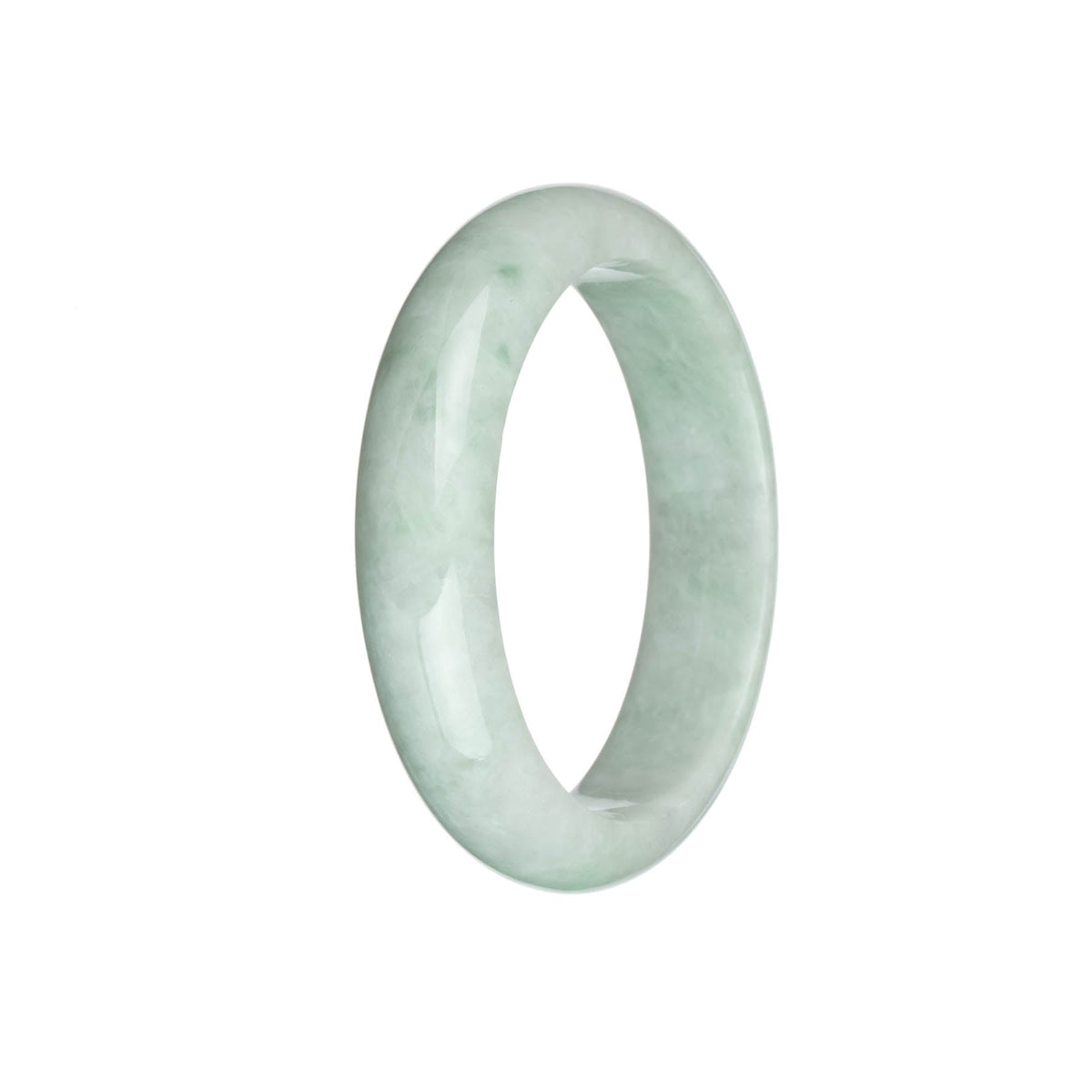 A close-up photo of a half-moon shaped green jade bracelet, with a smooth and polished surface. The jade is of high quality, certified as Grade A. The bracelet measures 59mm in diameter and is a traditional design. It is sold by MAYS GEMS.