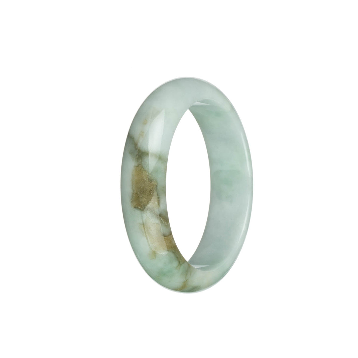 A half moon-shaped jadeite jade bracelet with a mix of white, light green, and brown patterns, naturally untreated.