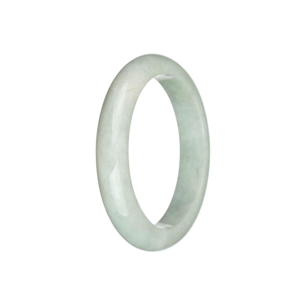 A pale green jadeite bangle bracelet with a white patch, featuring a genuine Type A jade. The bangle has a semi-round shape and measures 59mm. Made by MAYS.