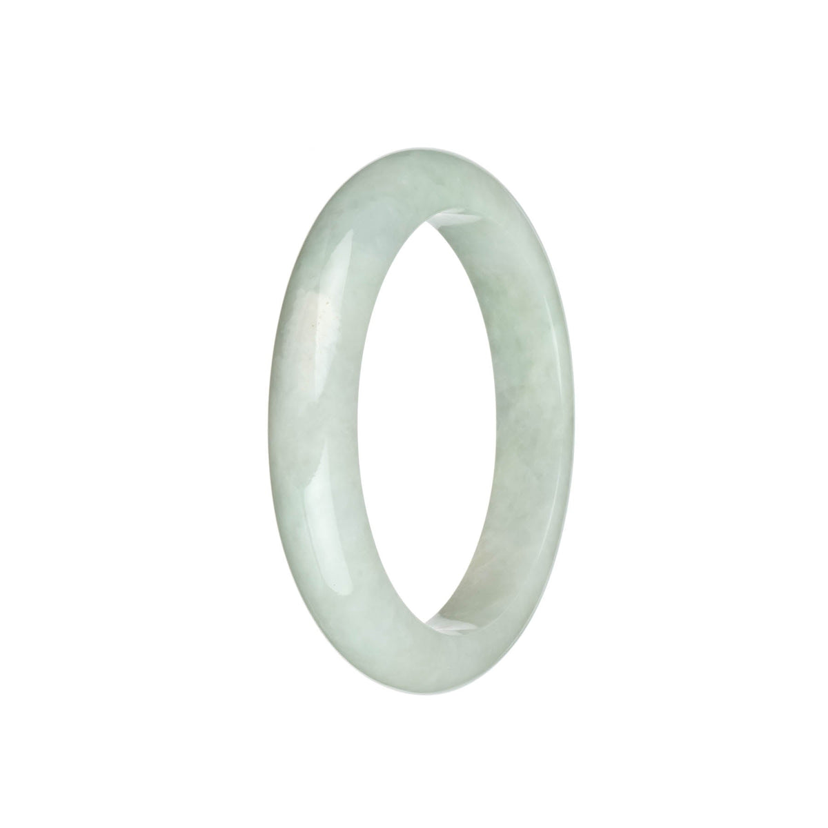 A beautiful pale green Burmese Jade bangle bracelet with a white patch. The bracelet is certified Grade A and has a semi-round shape, measuring 59mm in diameter. Designed by MAYS™.