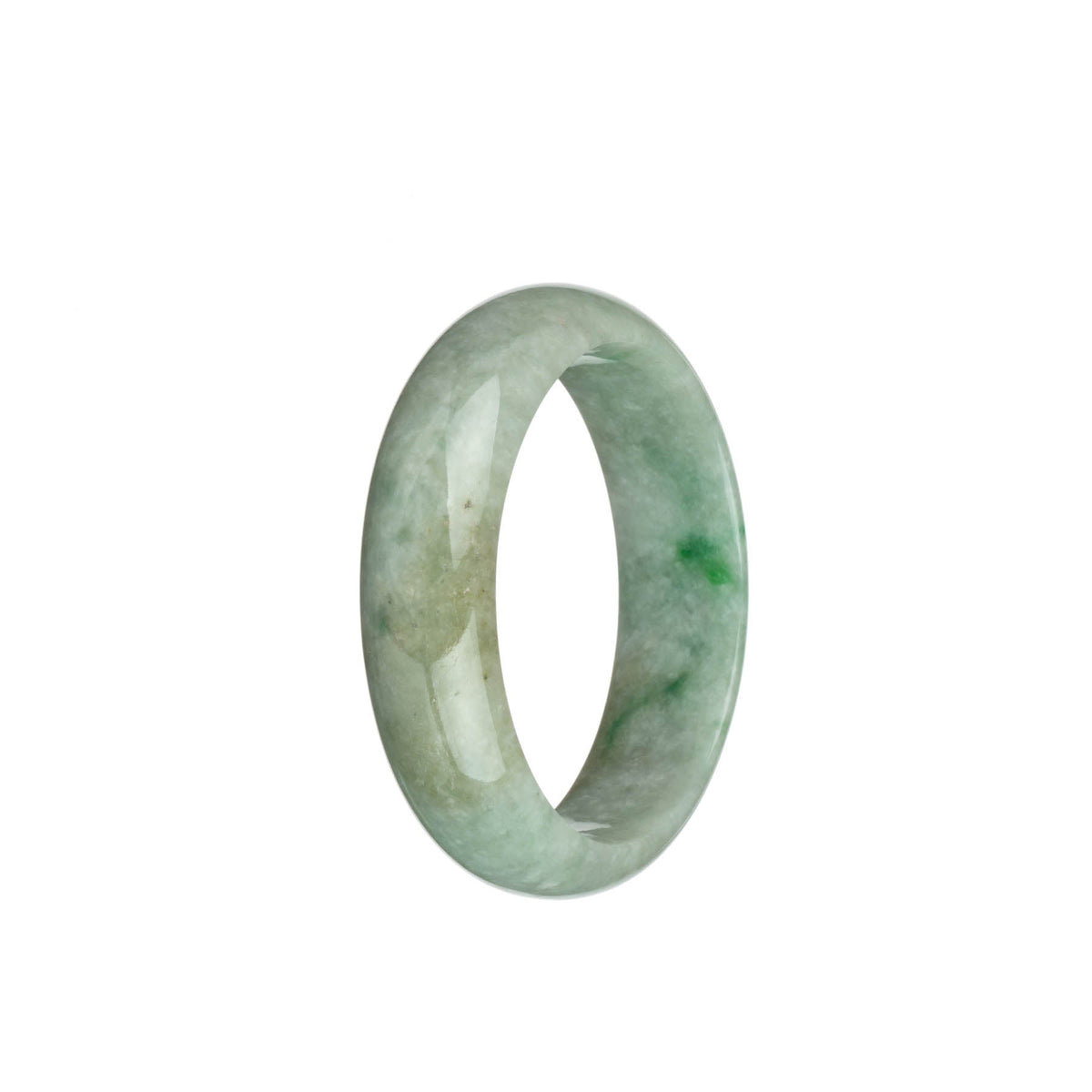A beautiful traditional jade bracelet with a half moon shape, featuring genuine Type A light grey jade with emerald green patterns and light brown patches. Perfect for adding a touch of elegance to any outfit.