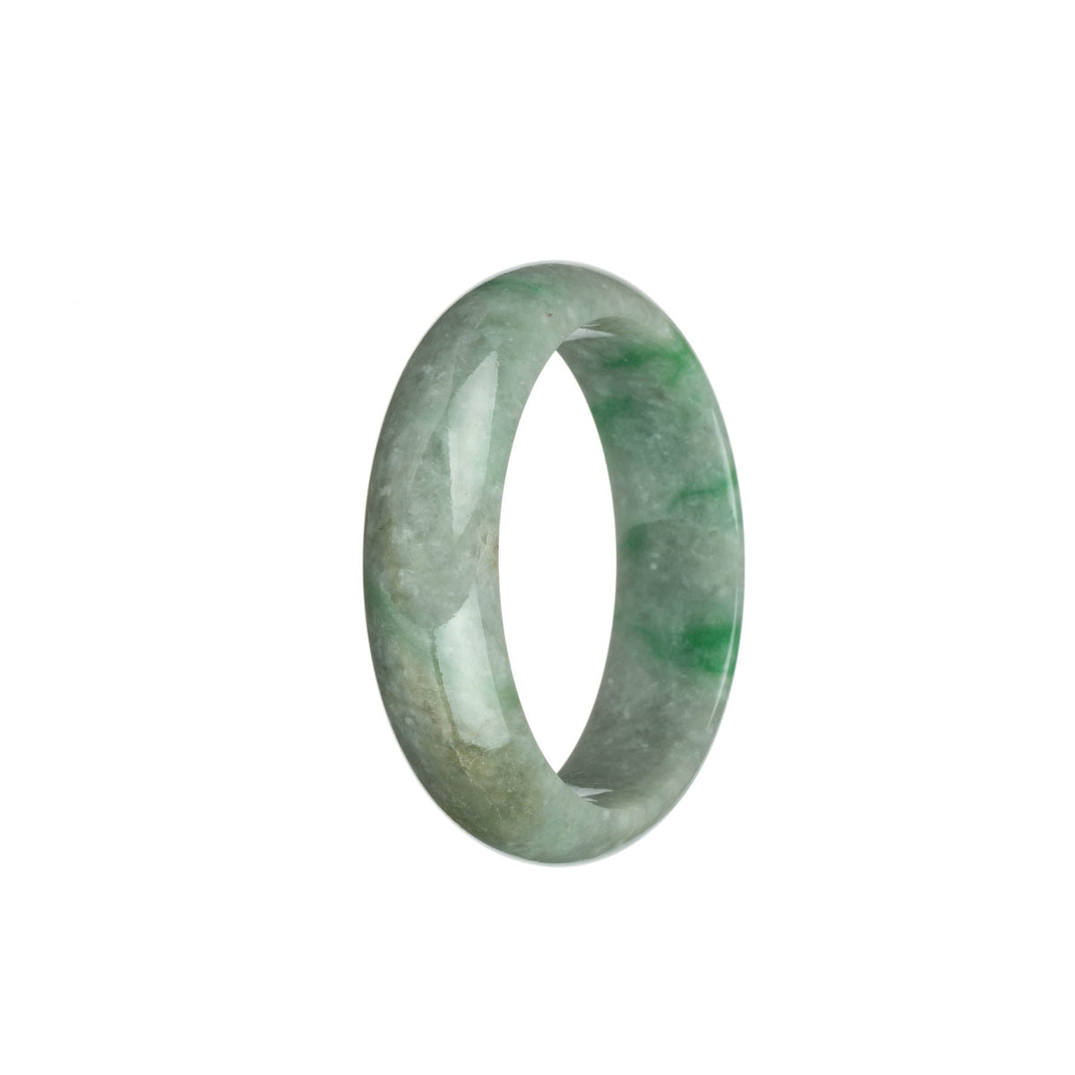A stunning jade bracelet featuring a half moon shape, with a natural light grey color and beautiful emerald green patterns, complemented by light brown patches.