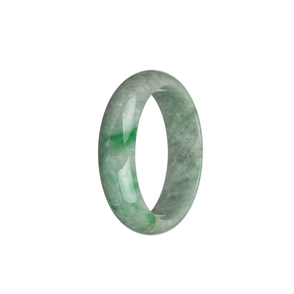 A half moon shaped Burmese jade bangle bracelet, featuring genuine natural light grey color with beautiful emerald green patterns and light brown patches.
