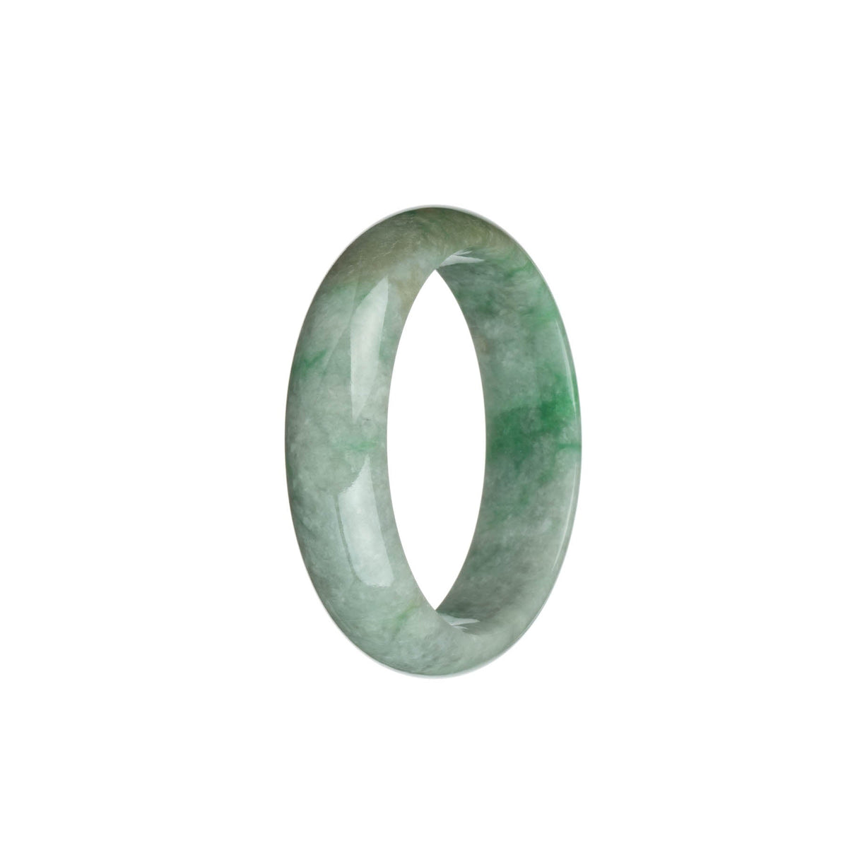 Genuine Natural Light Grey with Emerald Green Patterns and Light Brown Patches Traditional Jade Bangle Bracelet - 51mm Half Moon