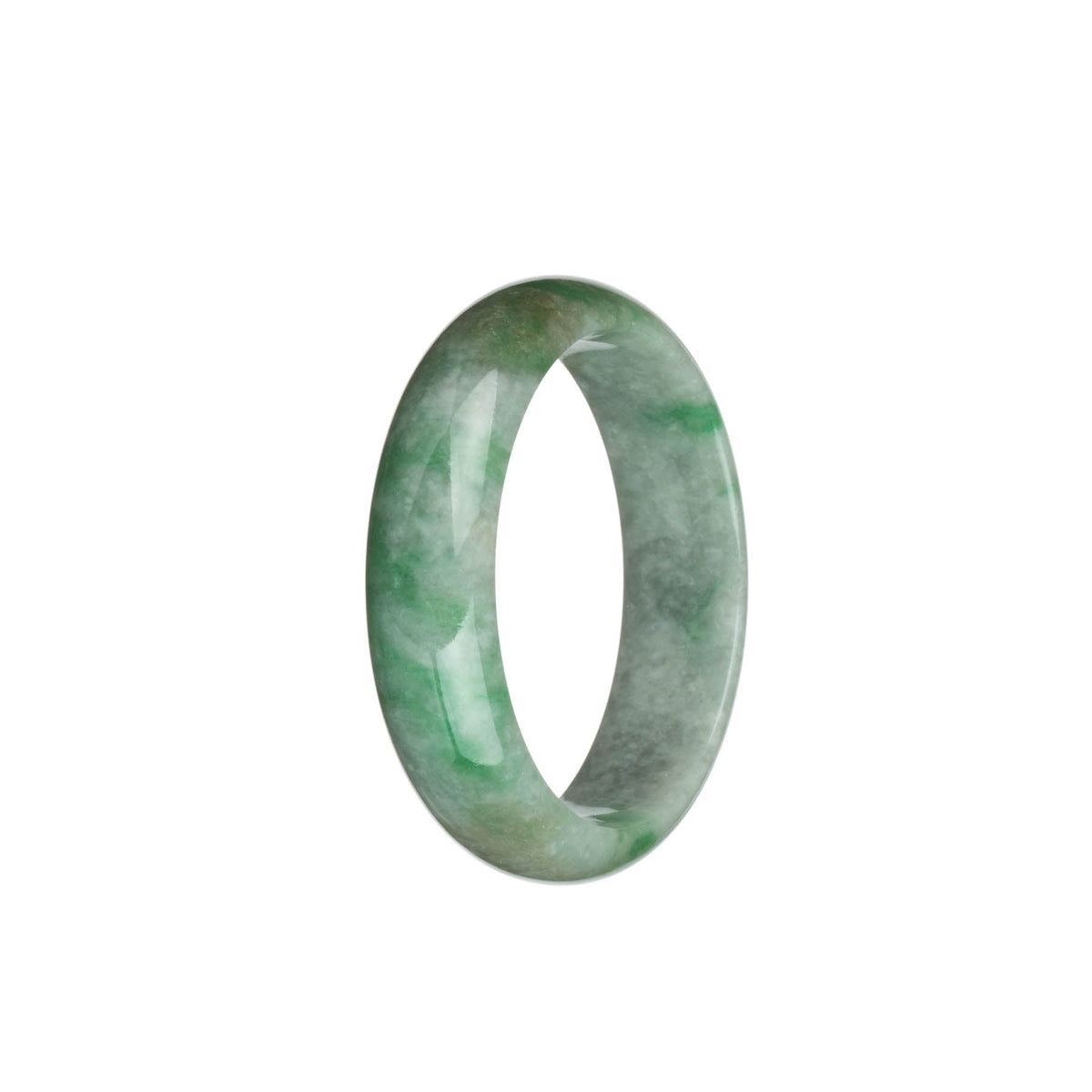 A beautiful jade bangle bracelet featuring natural light grey color with emerald green patterns and light brown patches, showcasing a traditional design. The bangle has a half moon shape and measures 51mm in size. Crafted by MAYS GEMS.