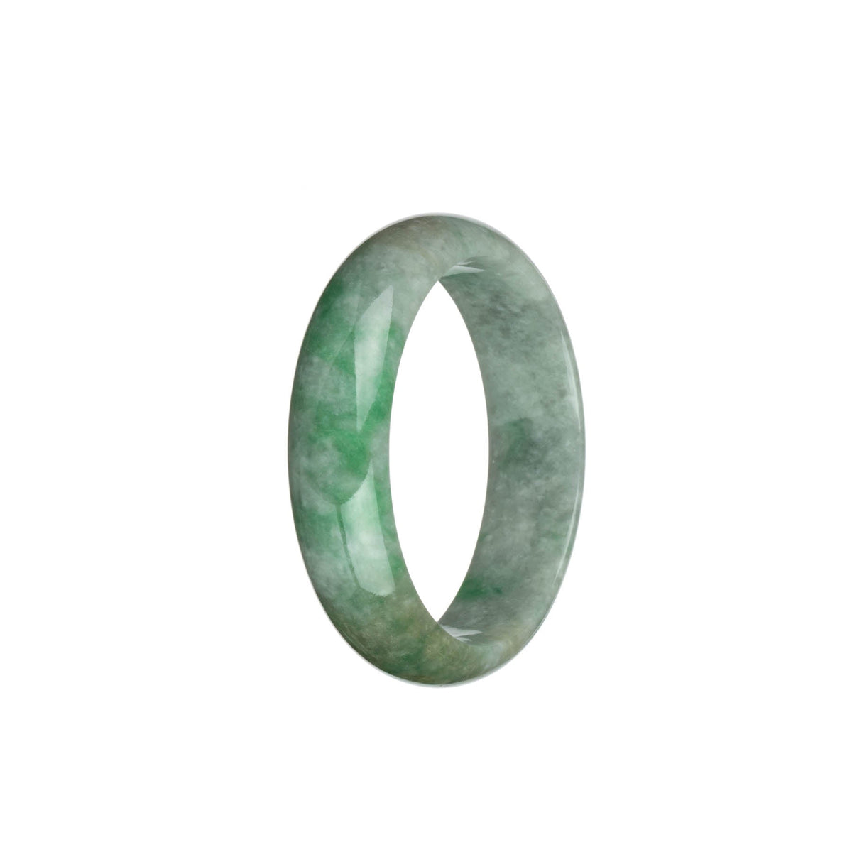 A close-up photo of a beautiful jade bracelet with a half moon shape. The bracelet is made of light grey jade with intricate emerald green patterns and light brown patches. It is a genuine Type A jadeite jade bracelet, measuring 51mm in size. The bracelet is from the brand MAYS™.