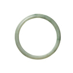 A close-up photo of a real grade A green and white Burmese jade bangle in the shape of a half moon, measuring 51mm in diameter. The bangle has a smooth and polished surface, showcasing the intricate patterns and natural colors of the jade.