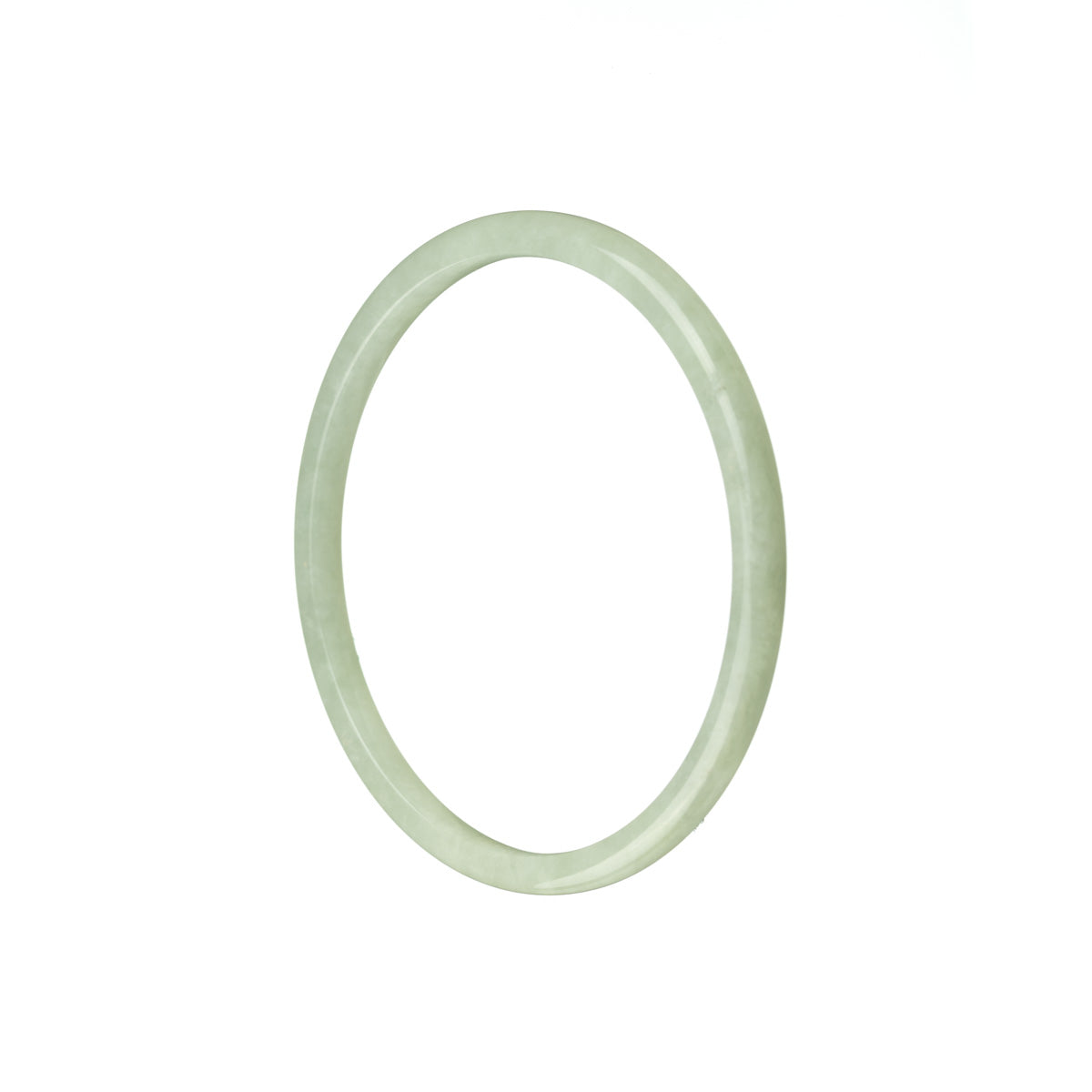 A close-up image of a pale green jade bangle bracelet, handcrafted with traditional design, displaying its natural and authentic beauty. The bracelet is thin and measures 52mm in diameter, making it a delicate and elegant accessory. Manufactured by MAYS™.