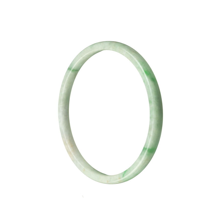 A close-up view of a genuine untreated green jade bracelet with a thin, 53mm width. The bracelet is made by MAYS.