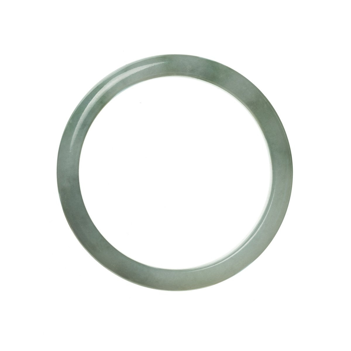 A close-up image of a real untreated green grey traditional jade bracelet. The bracelet is semi-round in shape and measures 55mm in diameter. It is a product of MAYS™.
