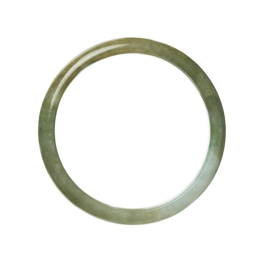 A close-up photo of a Type A Brownish Green Burmese Jade Bangle. The bangle has a smooth, half-moon shape and measures 59mm in diameter. A certification from MAYS GEMS is visible in the image.