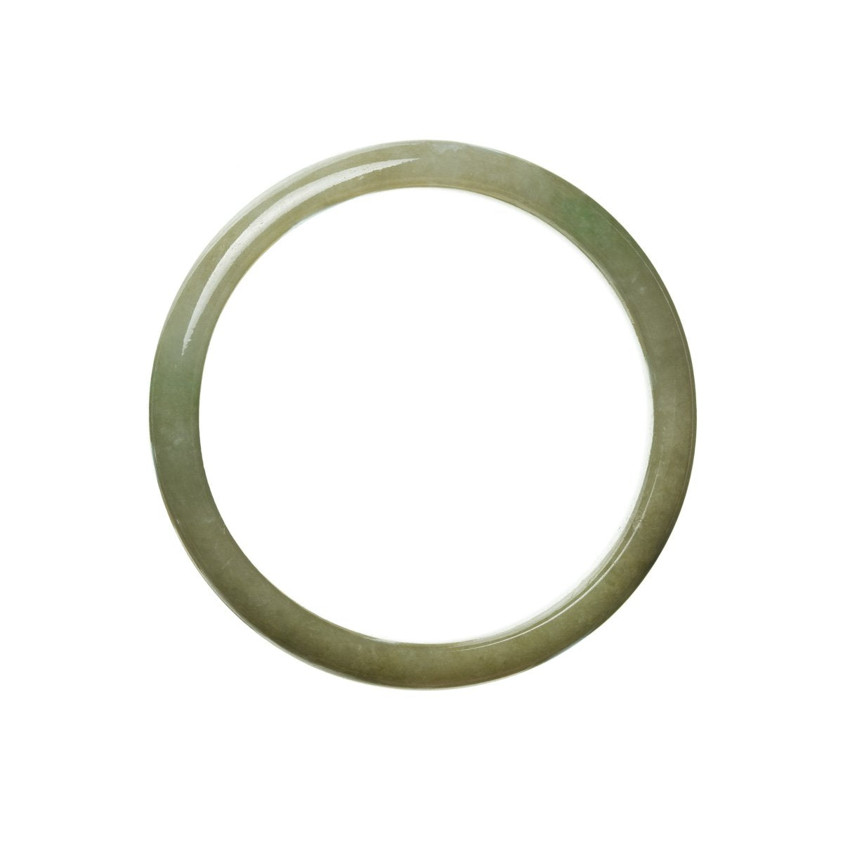 A close-up image of a half moon-shaped jade bracelet in brownish green color. The bracelet is made of authentic untreated traditional jade and has a diameter of 59mm. It is a beautiful and unique piece of jewelry.