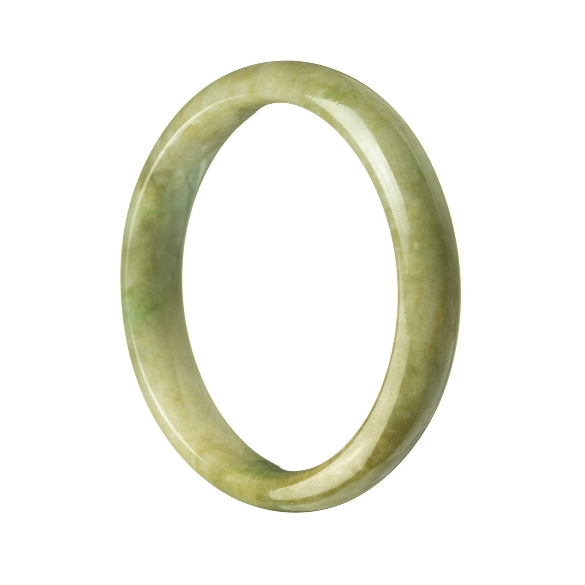Close-up image of an exquisite Burmese Jade bangle bracelet, featuring a rich brownish green hue and a polished half-moon shape. The bracelet has an authentic Grade A quality and measures 58mm in diameter. Crafted with utmost precision and care, this stunning piece from MAYS Jewelry is a timeless accessory that exudes elegance and sophistication.