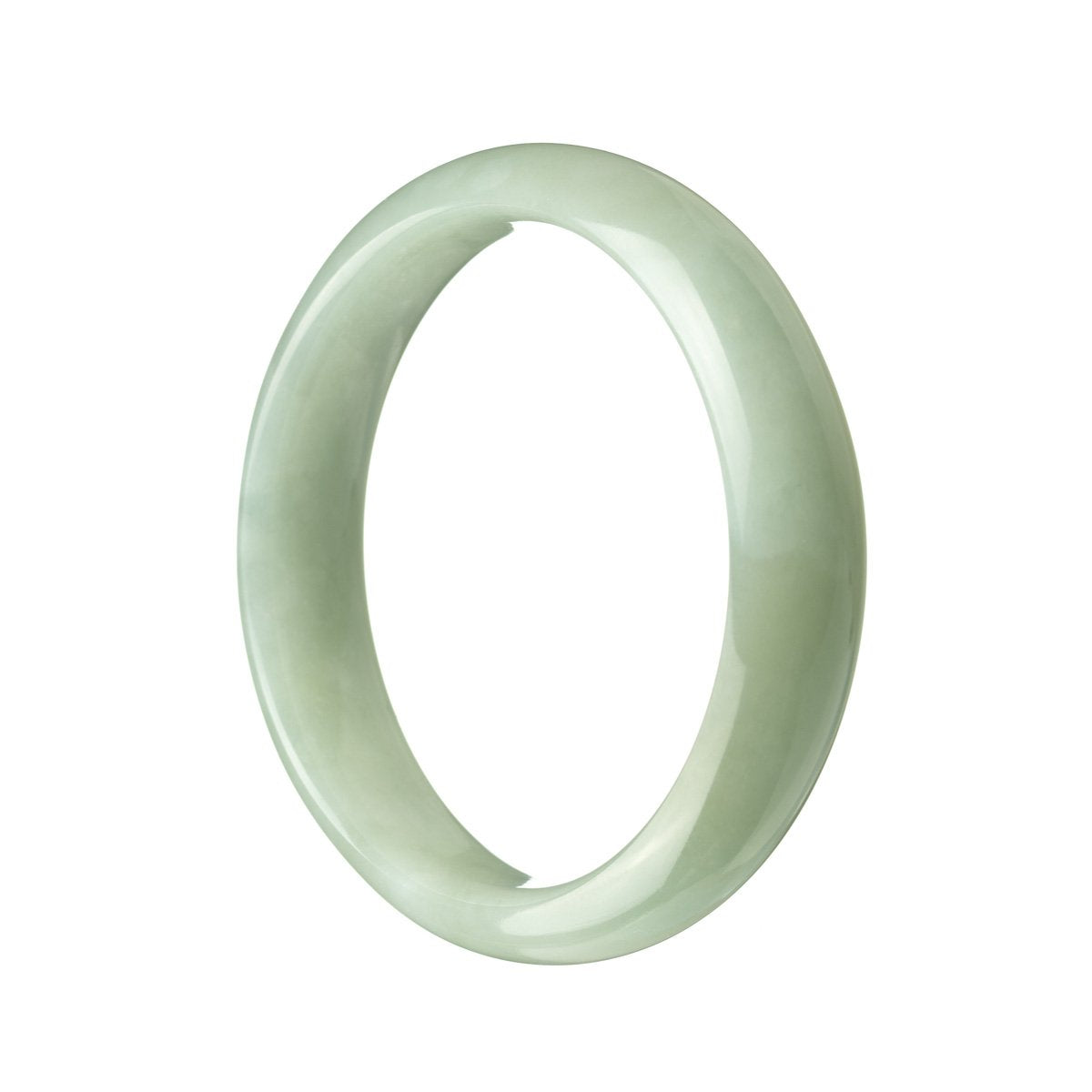 A beautiful light green Burma jade bangle bracelet with a half moon shape, made from high-quality grade A jade. Perfect for adding a touch of elegance to any outfit.