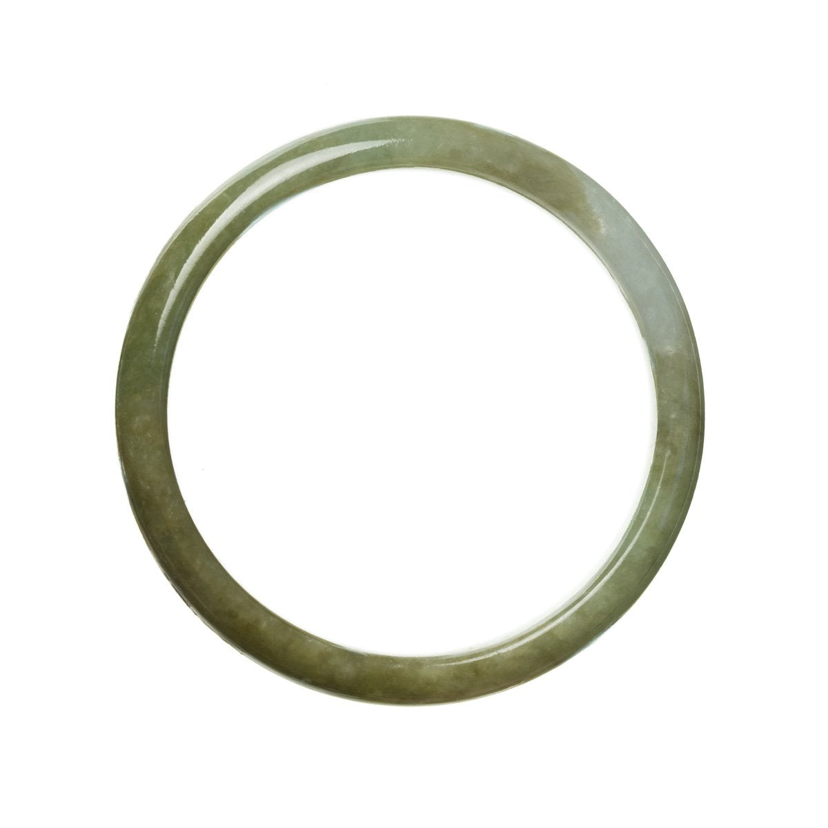 A close-up image of a stunning, high-quality Burmese Jade bangle with a brownish green hue and a 58mm half moon shape. The bangle is carefully crafted and exudes elegance and beauty.