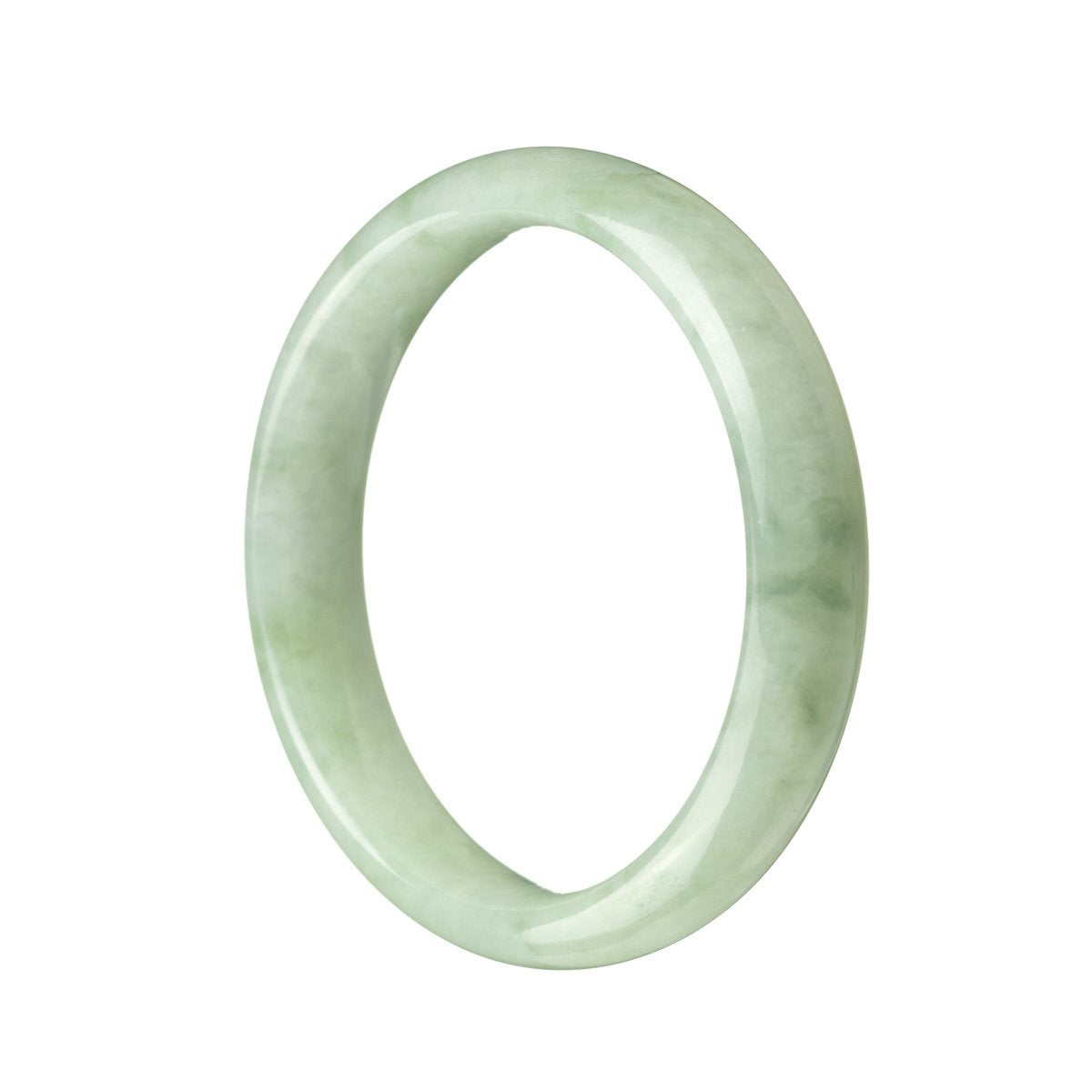 A beautiful half-moon shaped green jadeite bangle, 56mm in size, crafted with genuine natural jadeite by MAYS.