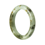 Close-up of a dark green traditional jade bangle, certified Grade A. The bangle is semi-round in shape and measures 55mm in diameter. Perfect for adding a touch of elegance to any outfit.